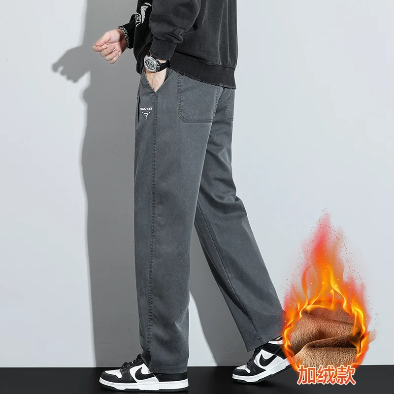 Men's Lyocell Fleece Lined Loose Straight Leg Wide Leg Cargo Pants 2025 Autumn Winter Warm Casual Long Pants Plus Size 5XL