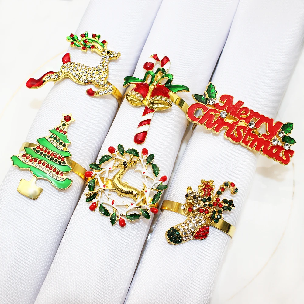 Christmas Napkin Holder Napkin Ring 6Pcs Mixed Gold Christmas Napkin Rings Set Wreath Angel Elk Bell Snowman Xmas Tree Napkin Holder for Wedding Party Table Decor