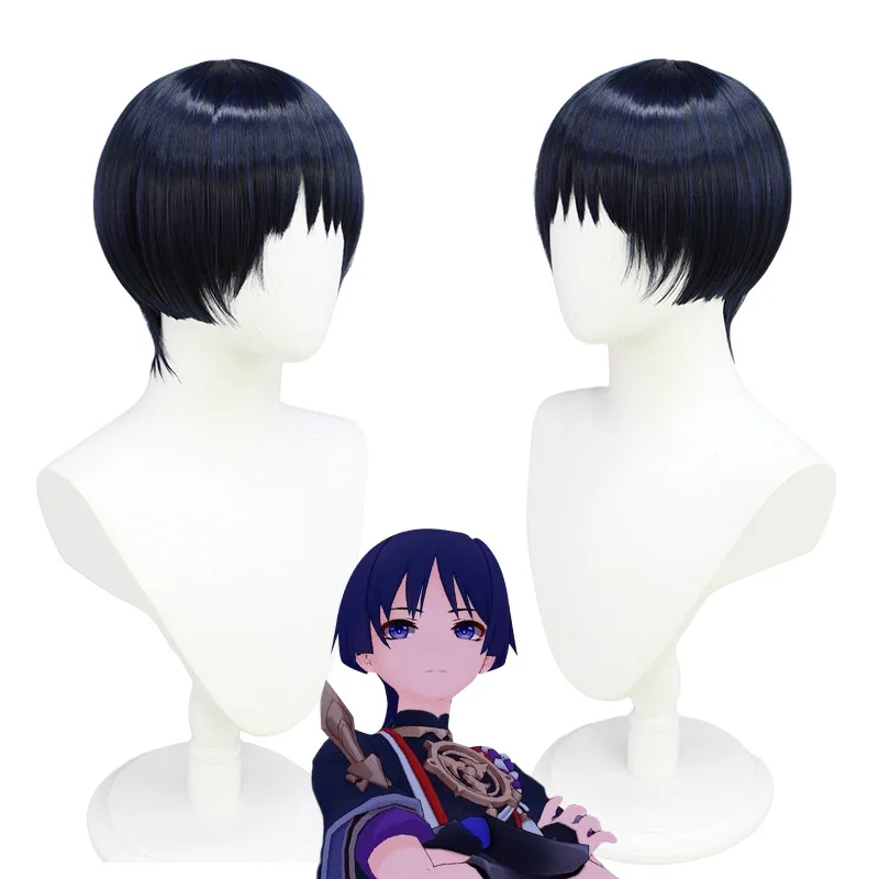 

Anime Game Genshin Impact Cos Wanderer Pot Head Styling Kunikuzushi Unisex Scaramouche Black Blue 28cm Cosplay Wig