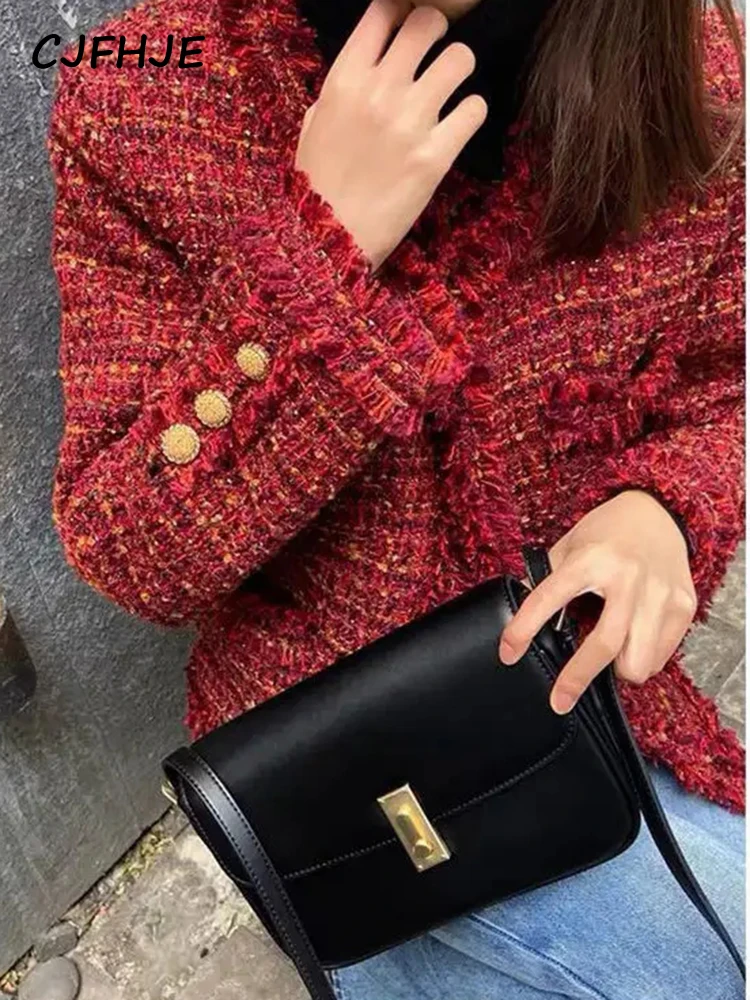 CJFHJE Tassel Red Winter Tweed Suit Jackets Women Casual Short Outerwear Tops Vintage Button O-Neck Long-Sleeved Blazers Female