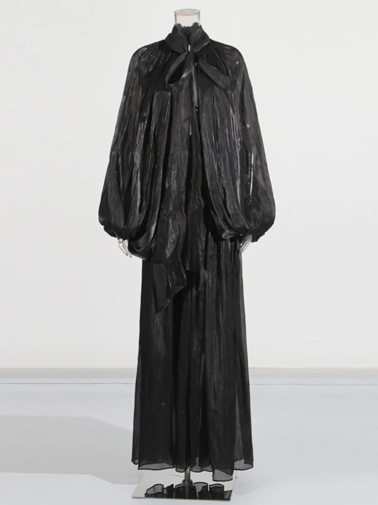 TWOTWINSTYLE Solid Elegant Chic Dresses For Women Stand Collar Long Sleeve High Waist Patchwork Lace Up Dresses Female Style New 6