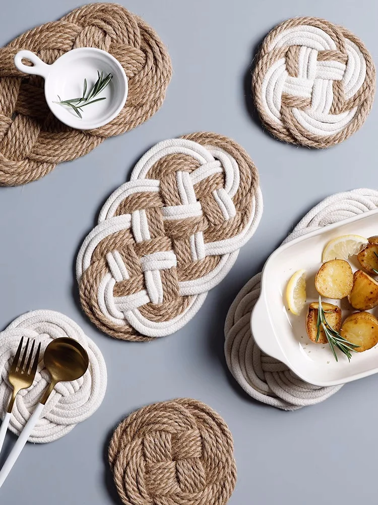 

Handmade Woven Cotton Thread Jute Cup Mat Non-Slip Dining Placemat Rattan Insulation Coaster Home Dinner Decorations