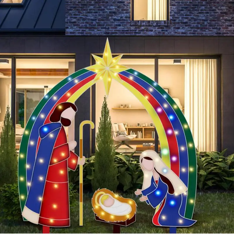 

Outdoor Nativity Scenes for Yard 2023 New Nativity Scene Metal Flat LED Light Christmas and Thanksgiving Decoration 4-piece Gar