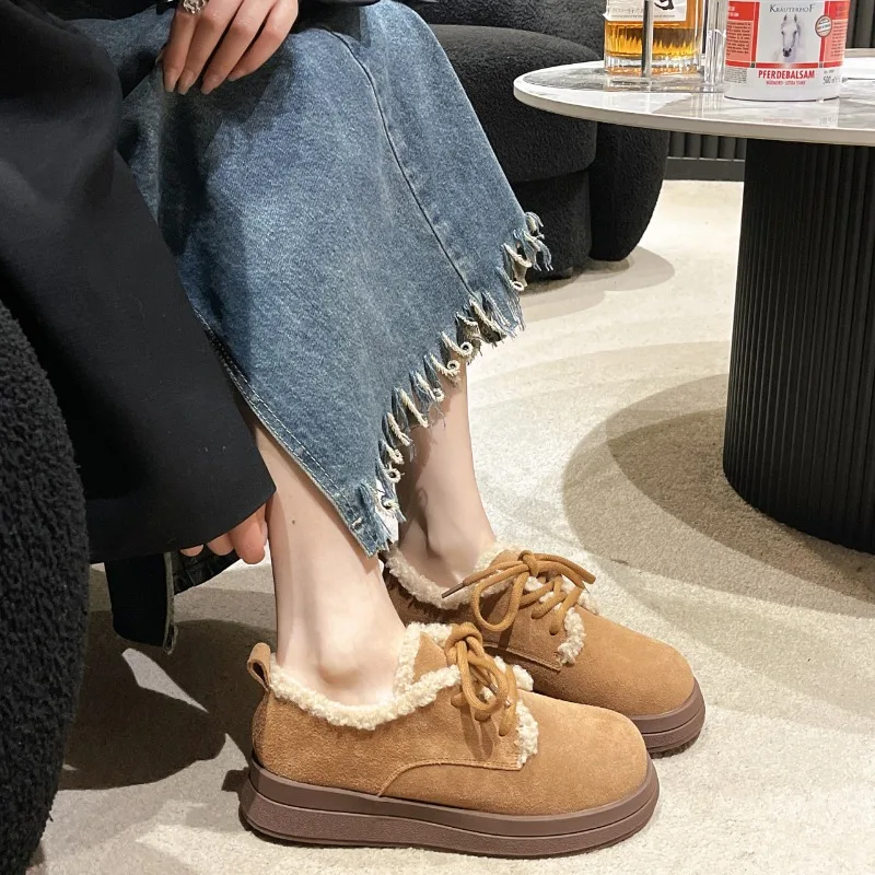 

2024 Natural Suede Brown Boots Women's Camel Calf Leather Nubuck Lace Up Mid Heel Women's Shoes Winter and Autumn