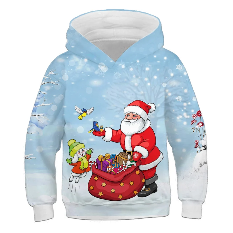 thumbnail image 1 of Sudadera con capucha con estampado de Papá Noel y árbol de Navidad de dibujos animados para niños, divertida, para primavera y otoño, informal, de manga larga, 1 of 5