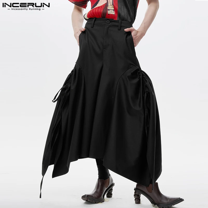 

INCERUN Men Skirts Solid Color Button Pleated Lace Up Loose Unisex Irregular Skirts Streetwear 2023 Fashion Men Bottoms S-5XL
