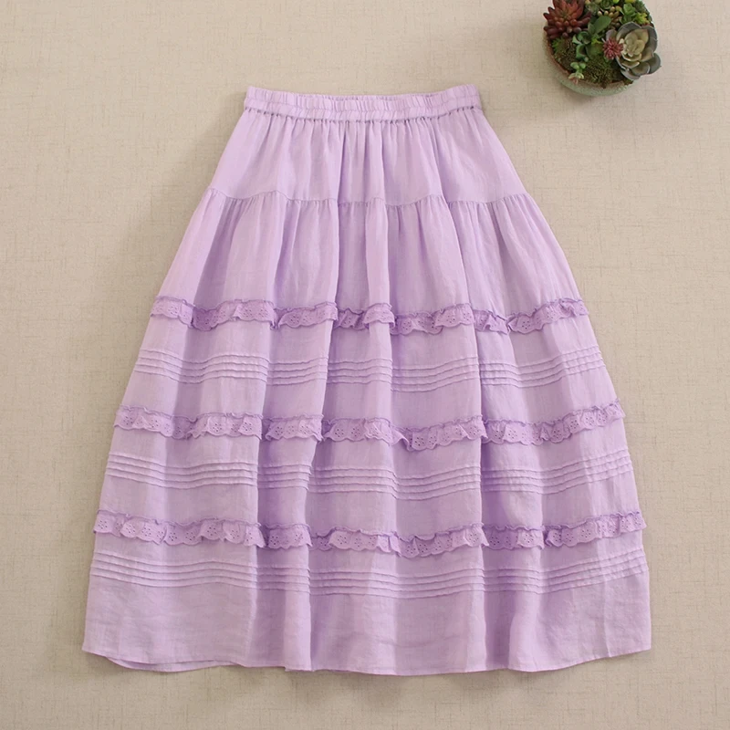 Summer Sweet Mori Girl Japanese Style Solid Color Folds Cake Skirts Women Elastic Waist Casual Ramie Skirt