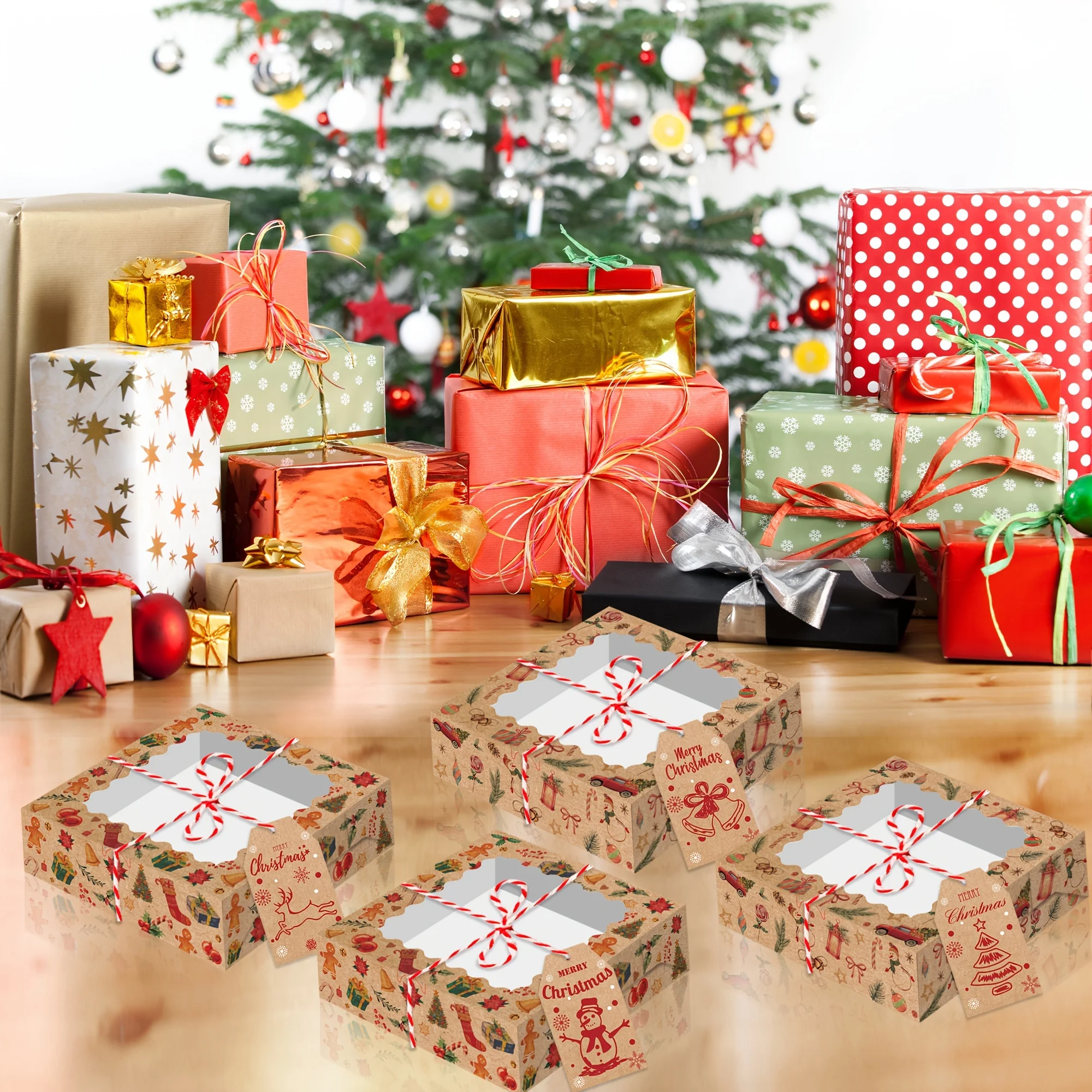 12 Stück Weihnachtsgeschenkboxen mit transparentem Fenster – Schneemann, Lebkuchen für Männer und Socken-Designs – Süßigkeitenschachteln aus Kraftpapier – Detail 4