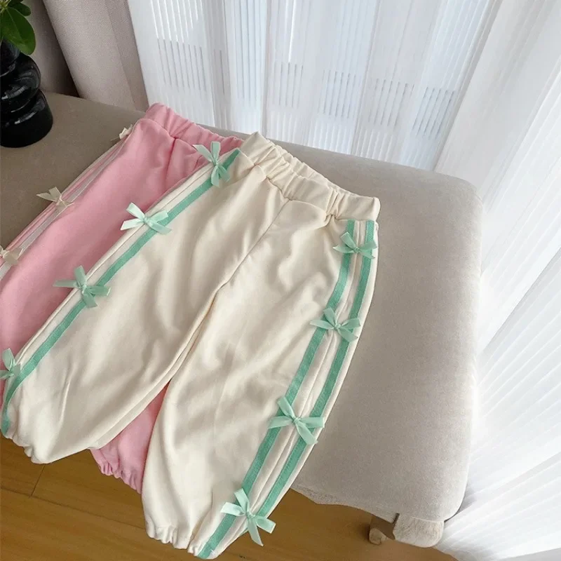 

2024 New Girls Spring Autumn One Piece Pant Sports Bow Loose Soft Fashion All-match Outdoor Sweet Lovely