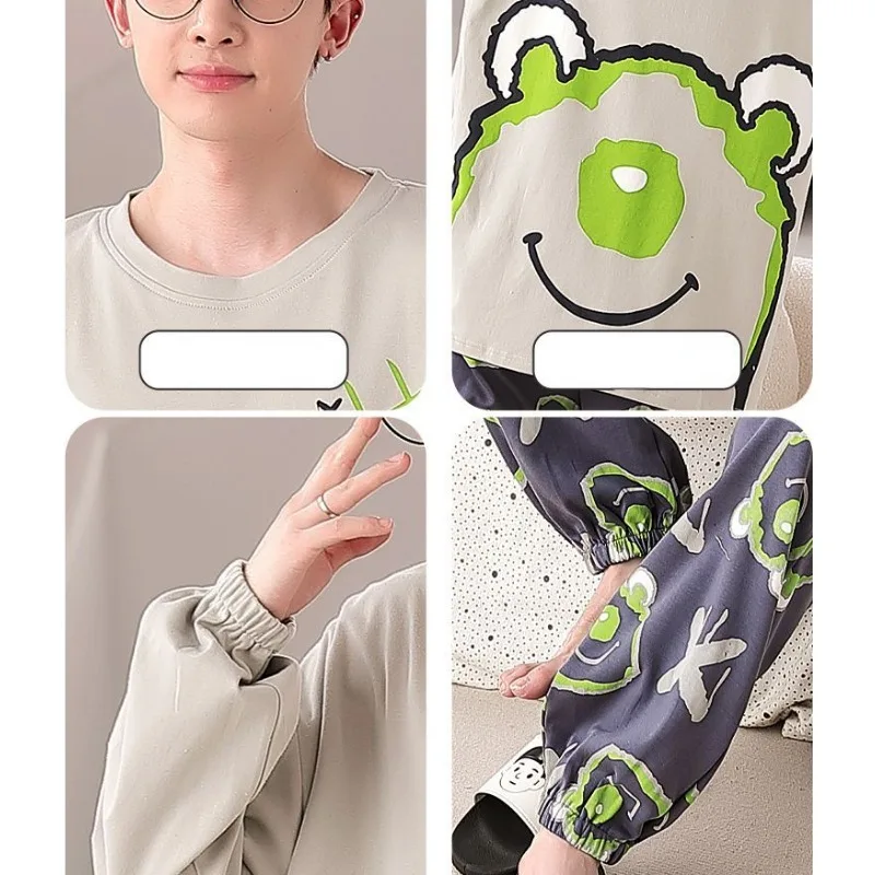 2024 New Men's Pajamas Long Sleeve Cotton Spring Autumn Sleepwear Cartoon Teen Student Round Collar Loungewear Winter Suits