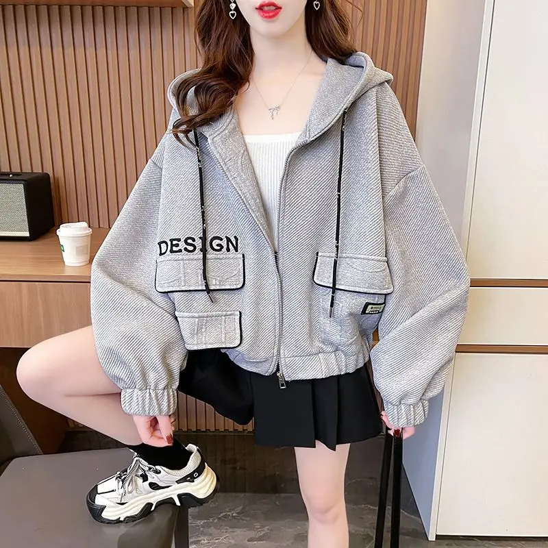 Women's Hooded Drawstring Short Hoodies 2023 Spring and Autumn New Korean Loose Pocket Letter Casual Cardigan Zipper Coat Tops hoodies textured pocket zipper drawstring hoodie in green size l m s xl