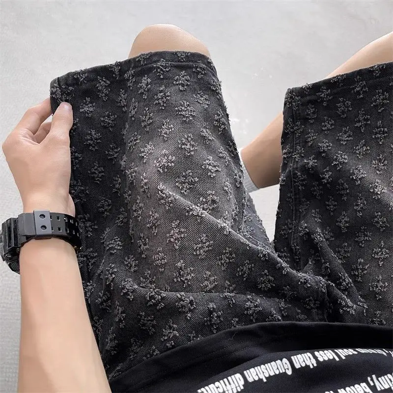 American retro fashion design ripped denim shorts for men summer trendy high street fashion retro mid-pants