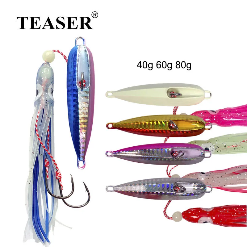 

TEASER 40g60g80g Inchiku Metal Slow Sink Jig Head Bait With Squid BKK Hook Squid Saltwater Fishing Artificial Bait Kit Pike Lure