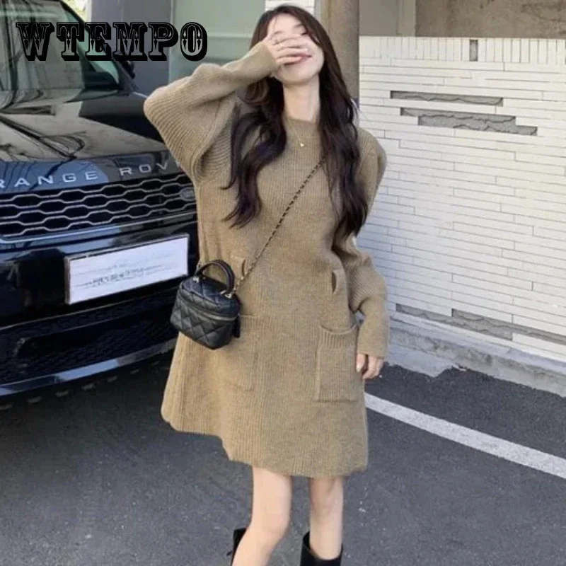 

Осенне-зимнее мини-платье-свитер WTEMPO, женское винтажное трикотажное мини-платье с длинным рукавом и поясом