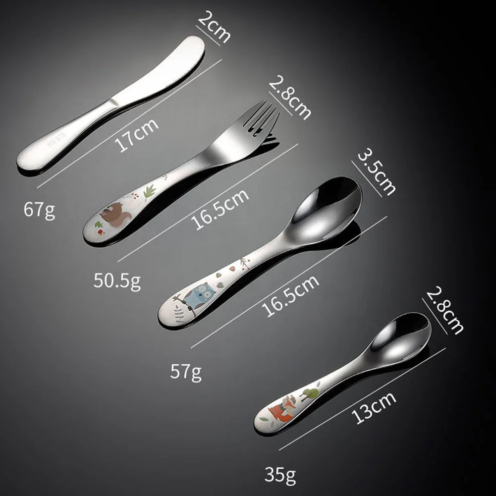 Cutlery Set Stainless Steel Cutlery Set Baby Feeding Spoons Stainless Steel Kids Cutlery Cartoon Pattern Carving Child Tableware Cute Spoon Fork Set Baby Flatware Feeding Safe Eco Friendly