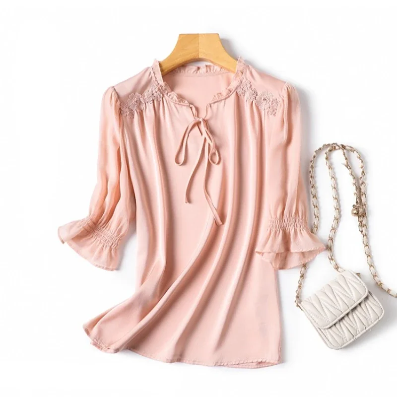 

Шелковые повседневные женские блузки, летние атласные топы, свободная кружевная одежда с коротким рукавом, распродажа, однотонные корейские женские рубашки с круглым вырезом