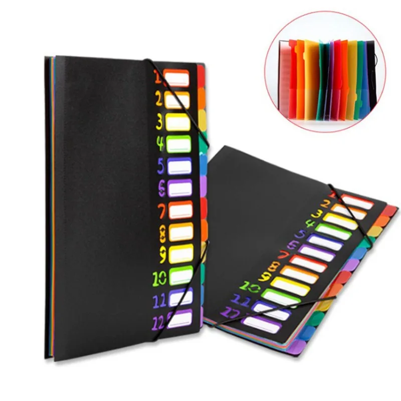 

A4 Data Book File Student Exam Paper Storage 12 Pages Rainbow Color Business Office Archive Data Sorting Waterproof Folder