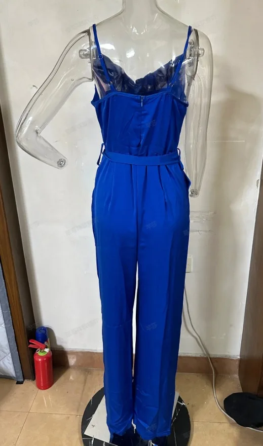 Women's Summer European and American New Fashionable and Sexy V-Neck Waist Belt Waist Waist Strap Pocket Jumpsuit