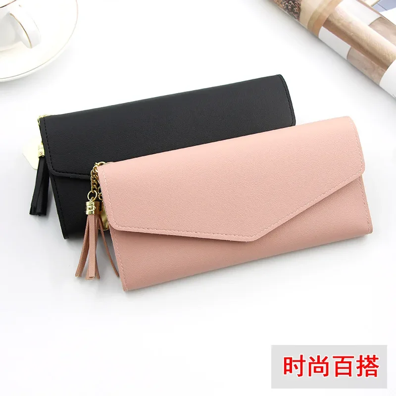 

New Fashion Retro Network Red Women's Long Triple Fold Wallet Simple Solid Color Multi Card Zero Wallet Wallet Wallet Wallet