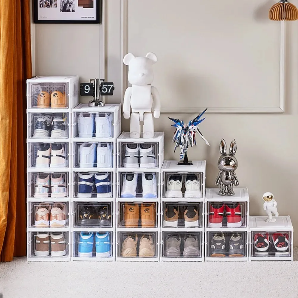 6 Layers Foldable Shoe Rack Organizer Transparent Tackie Box Collapsible Home Sneaker Storage Stackable Shoes Cabinet For Closet plastic storage box
