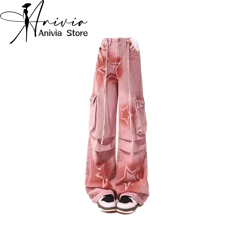 

Женские розовые джинсы-карго Y2k, мешковатые джинсовые брюки оверсайз в стиле Харадзюку, винтажные джинсовые брюки со звездами, в японском стиле 1920-х годов, одежда с ракушками