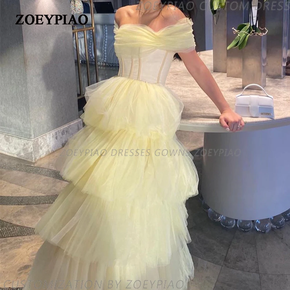 

Sweet Light Yellow Tiered Tulle Long Women Dresses Party Ruffles Mesh Prom Gowns Off Shoulder Bride Bridal Dress Vestido
