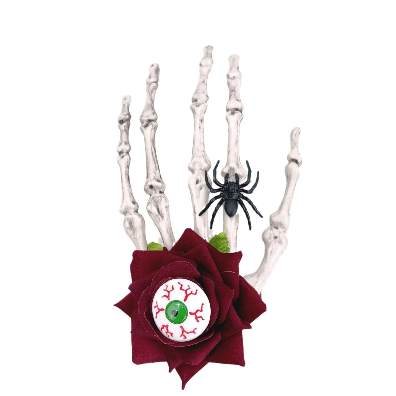 1PC Spooky Skull Hand Hair Clip With Red Rose & Black Veil, Halloween Gothic Hair Accessory
