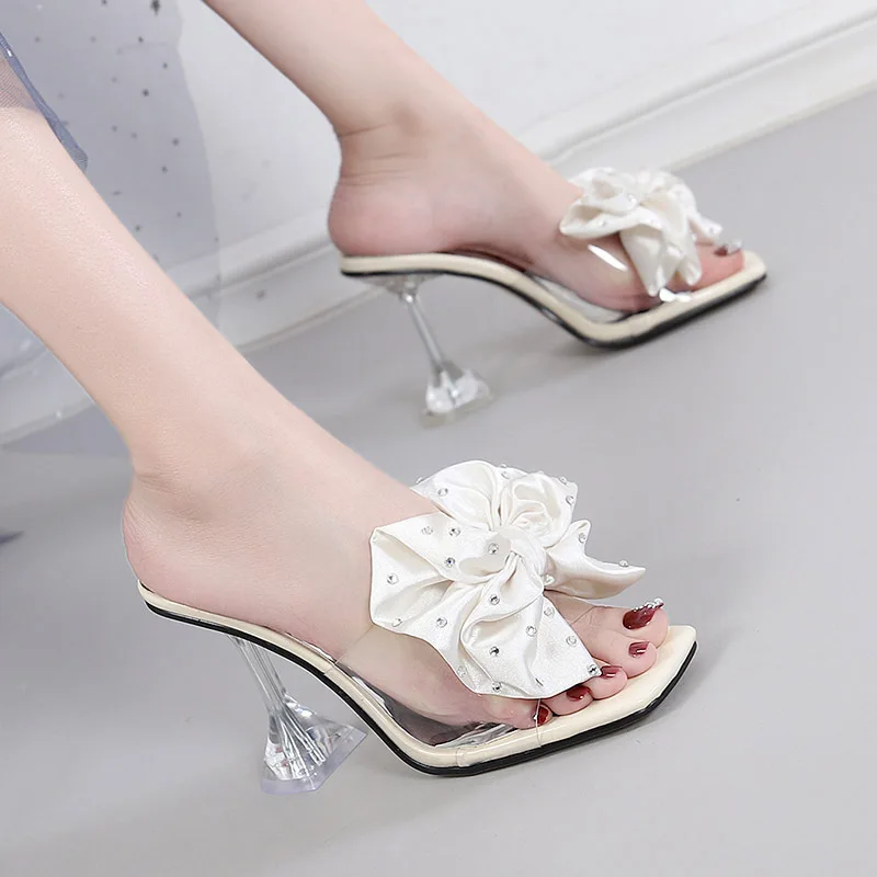 Crystal High Heels Women Slippers Slides for Women Summer 2022 New Fashion Fine-heeled Open-toed Big Flowers Slippers Woman