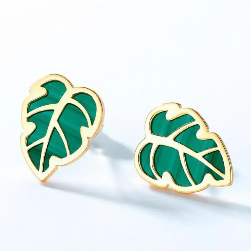 

Natural Malachite Earring S925 Sterling Silver 10k Gold Plated Malachite Crystal Leaf Stud Earrings Women Gemstone Fine Jewelry