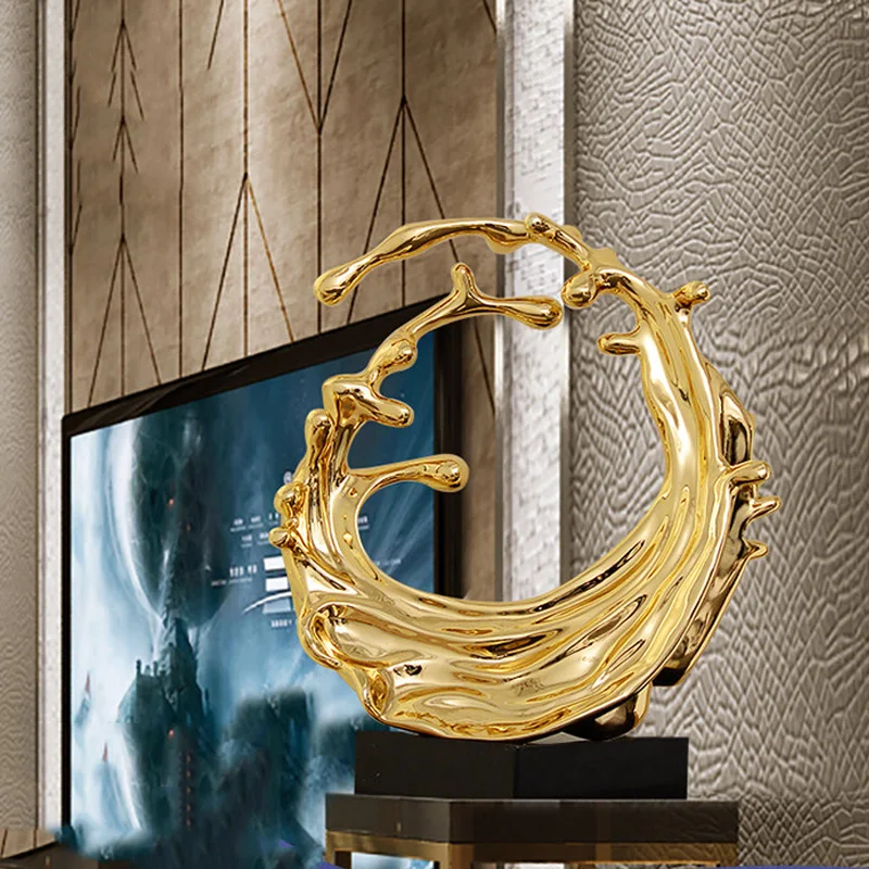 

Modern Sculpture Plated Splashing Water Resin Abstract Sculpture Marble Base Statues for Decoration Home Hotel Decor Accessories