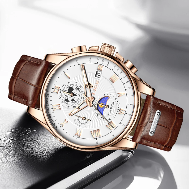 2024 LIGE Watch Men Top Brand Luxury Leather Men Watch Business Waterproof Sports Chronograph Quartz Wristwatches Montre Homme