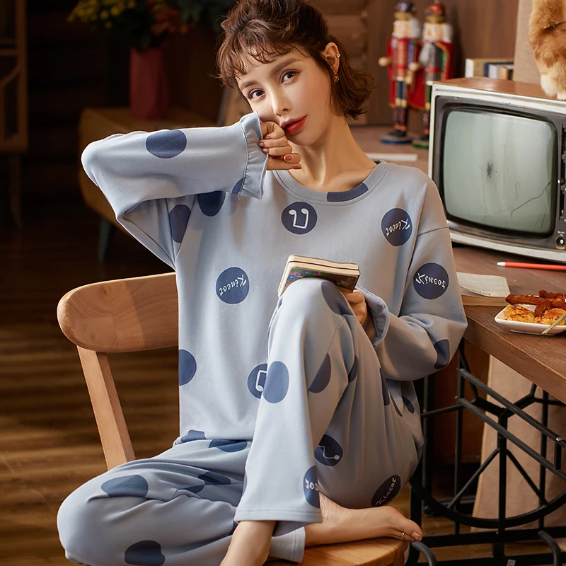 Autumn Sleep Lounge Pajama Long Sleeved Top Polka Dots Women Pajama Sets Cartoon Pyjamas Cotton Sleepwear Women M L XL XXL XXXL women pajamas set,cotton pajamas set