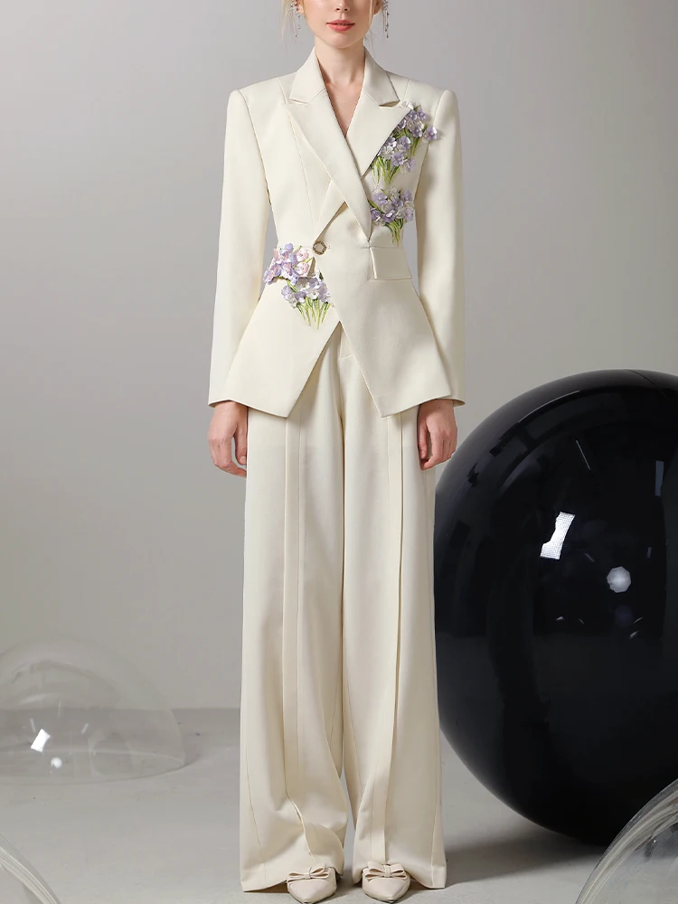 Three-Dimensional Flower Trendy Design Office Lady Wide Leg Pants Suit Outfits Business Temperament Suit Pants Women's Suit