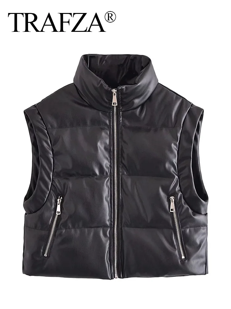 

TRAFZA 2023 Winter Female Zipper Quilted Waistcoat Tops Woman Fashion Black Faux Sleeveless Jackets Cotton Padded Vests Coat