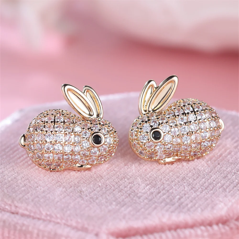 Cute Small Rabbit White Zircon Full Stone Stud Earrings For Women Vintage Gold Color Wedding Earring Valentine Jewelry Gifts