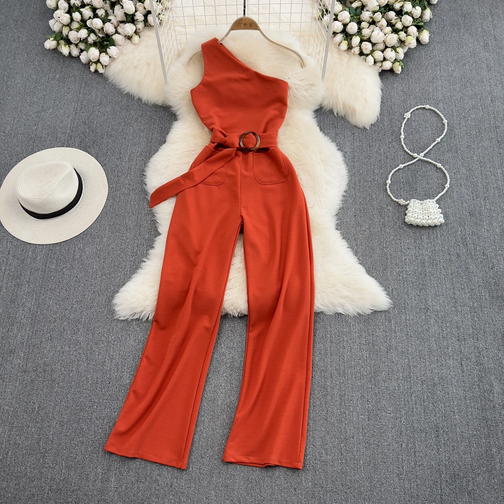 

Fashion Slim Fit Slant Neck Sleeveless Jumpsuit Pants High Waist Slim OL Elegant Straight Tube Wide Leg Pants Jumpsuit Summer