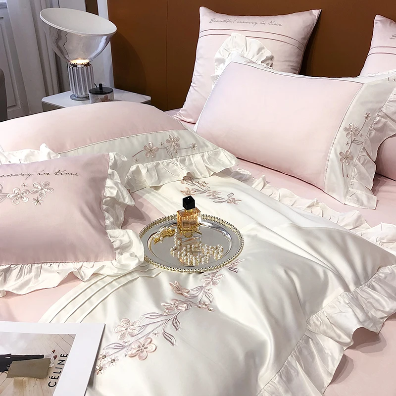 Ruffles Duvet Quilt Cover Set Bed Linen Fitted Sheet Pillow Shams Luxury 1200TC Egyptian Cotton Elegant Embroidery Bedding Set 31 Se12f4b519eea4f94b5eb5f32c96dbd24K
