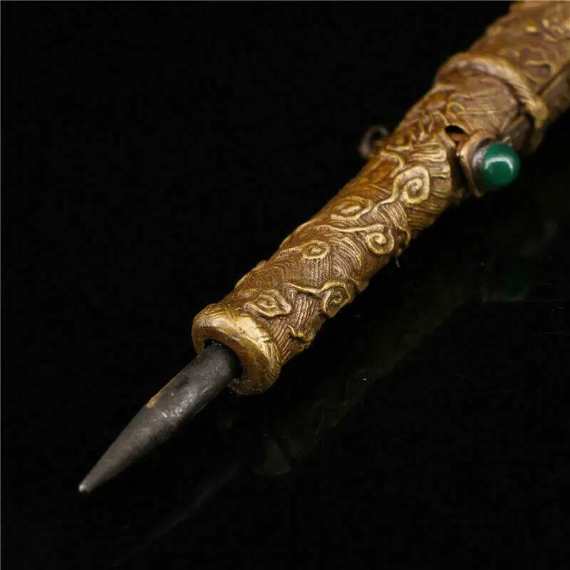8.66" Antique Chinese purple copper inlay gem Dragon head Sleeve arrow sword 4