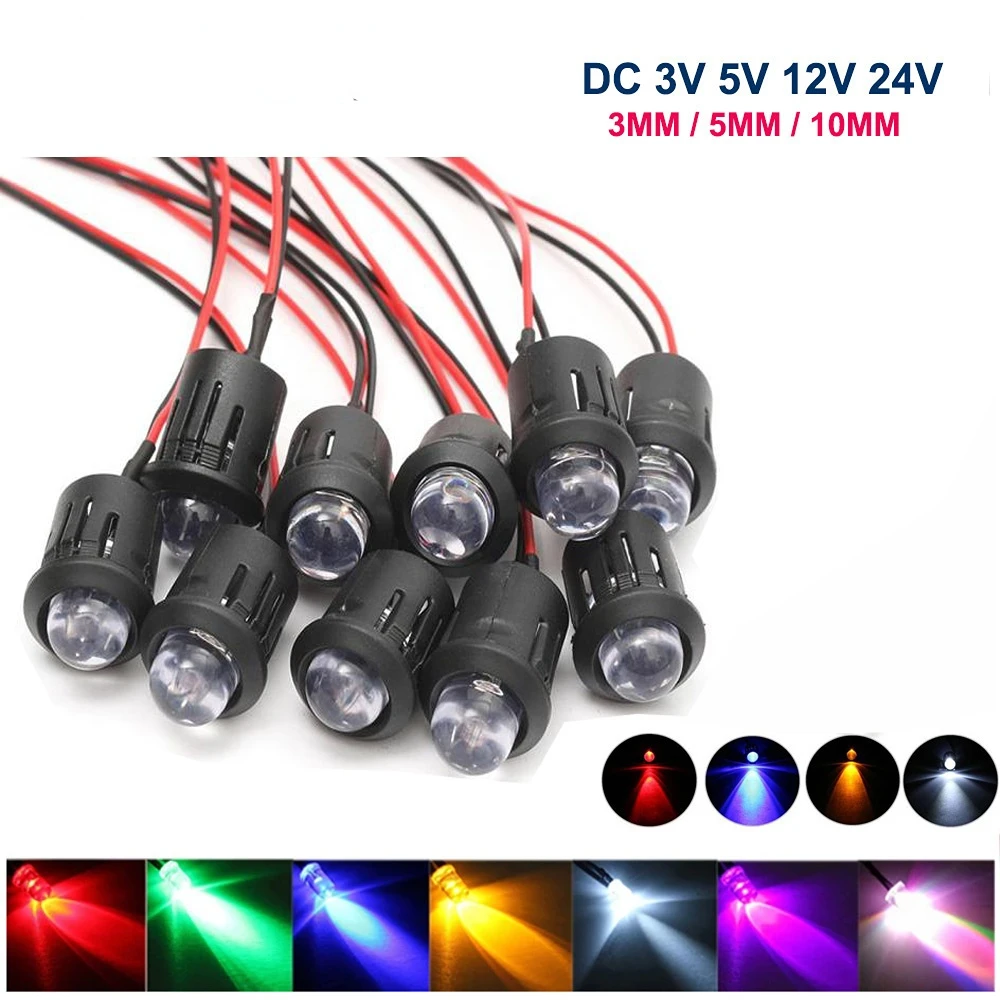 

20-100pcs 3mm/5mm/10mm Red/Green/Blue/RGB white UV DC12V 5V 24V Round Pre-Wired Water Clear LED With Plastic Holder
