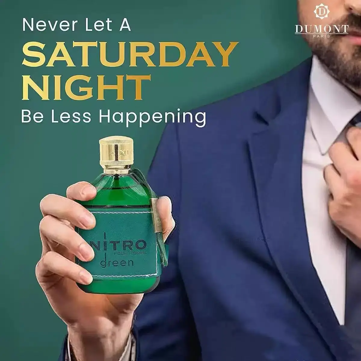 DUMONT NITRO GREEN men's perfume is a fresh wooden fragrance, with cedar, sandalwood and musk, calm and elegant, green and gold packaging, high class atmosphere, showing a gentleman's style. 2