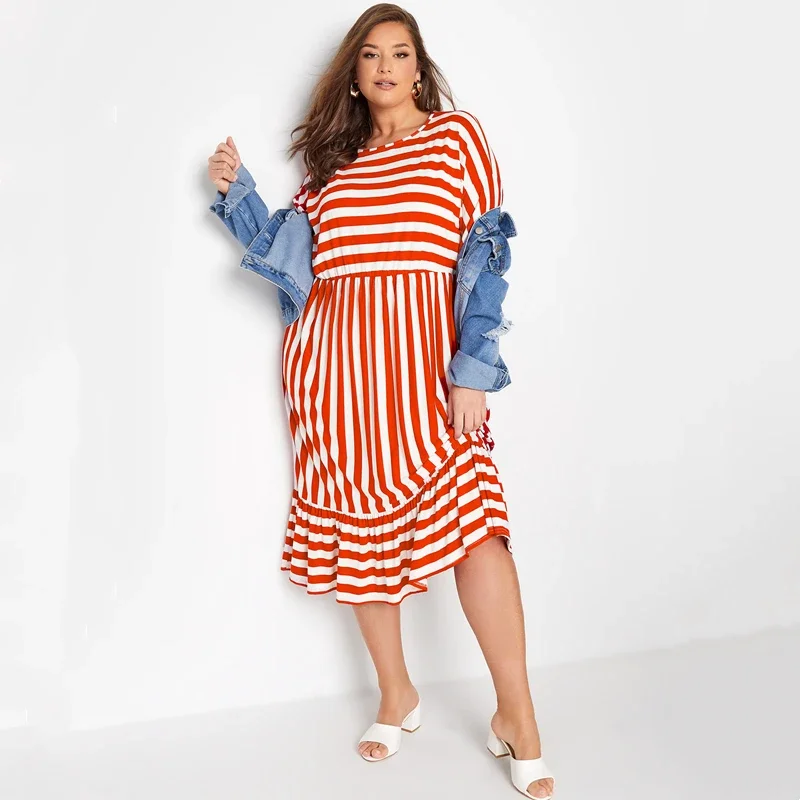 

Plus Size Summer Elegant Striped Smock Dress Women Loose 3/4 Tie Sleeve Frill Hem Party Dress Casual Midi Maxi Tiered Dress 8XL