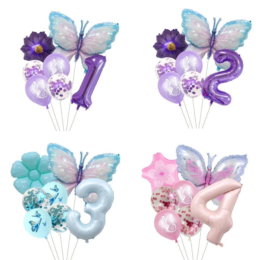 Butterfly Sunflower Celebration Balloon Set - Pink & Blue 7-Piece Party Decor Collection