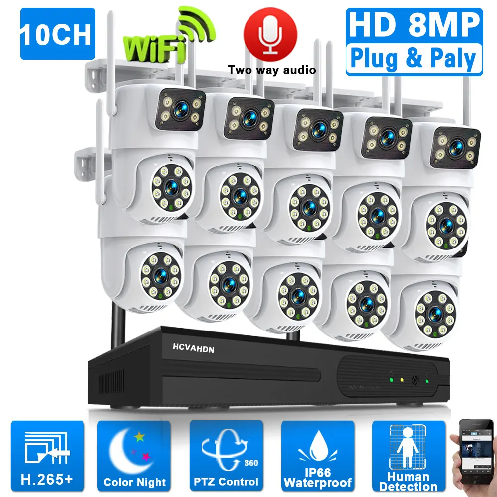 

Система видеонаблюдения PTZ, беспроводная IP-камера безопасности, 10 каналов, 8 Мп, двойной объектив, Wi-Fi, автоматическое отслеживание, 8 каналов, сетевой видеорегистратор