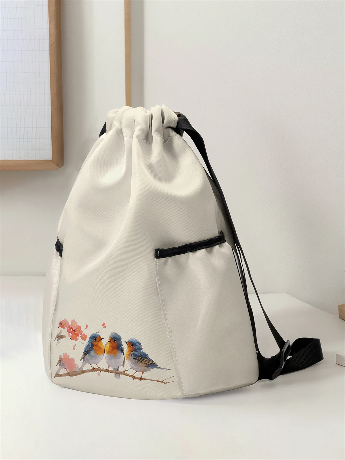 Bird Pattern Drawstring Backpack - Large Capacity Durable Fitness Bag, Adjustable Shoulder Straps, Sports Beach Backpack