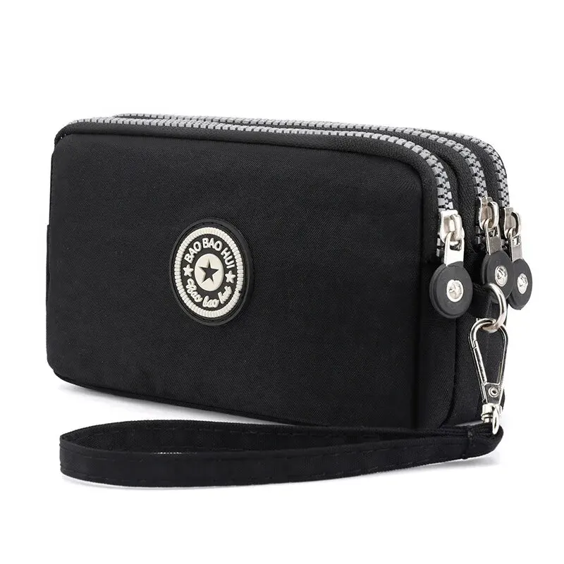 Coin Purse Women Handbag Small Wallet Wrinkle Fabric Phone Purse Three Zippers Portable Make Up Bag