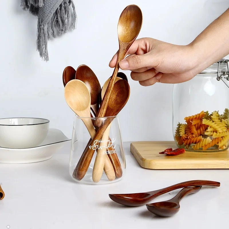 Japanese Style Wooden Spoon Set Kitchen Gadgets Long Handle Solid Wooden Spoon Kitchen Accessories Dessert Honey Tableware