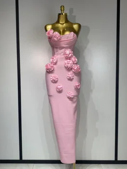 Women Celebrity Sexy Strapless Backless Flower Maxi Long Bodycon Bandage Dress 2025 Elegant Birthday Evening Club Party Dresses 1
