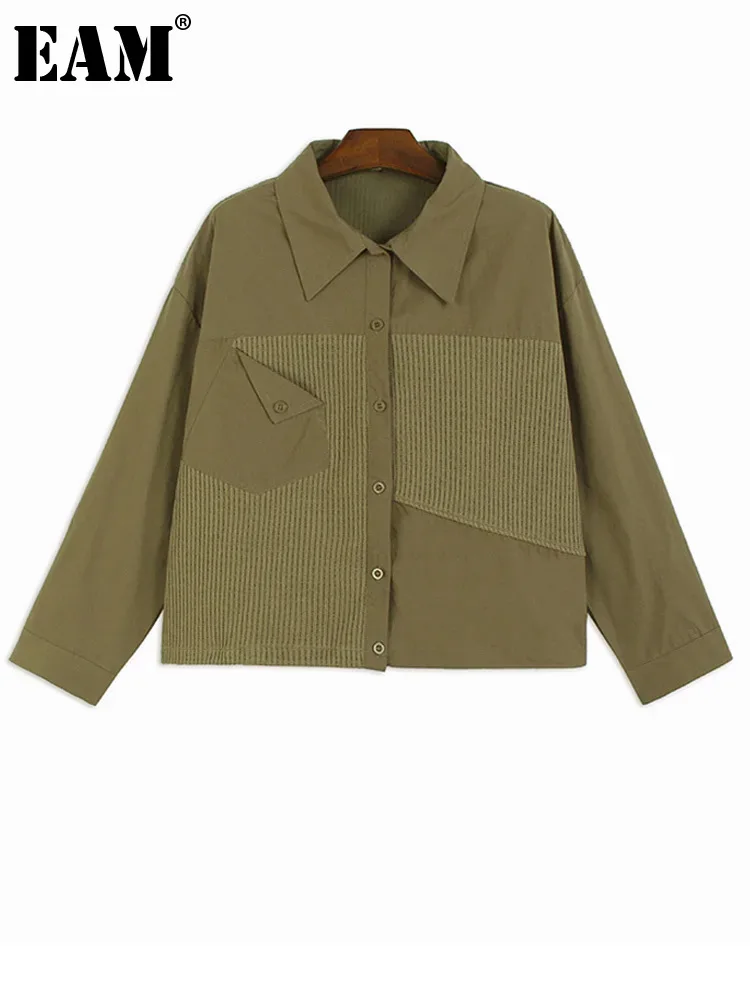 

Женская Повседневная рубашка EAM, коричневая вязаная Асимметричная блузка с отложным воротником и длинным рукавом, большие размеры, весна-осень 2024