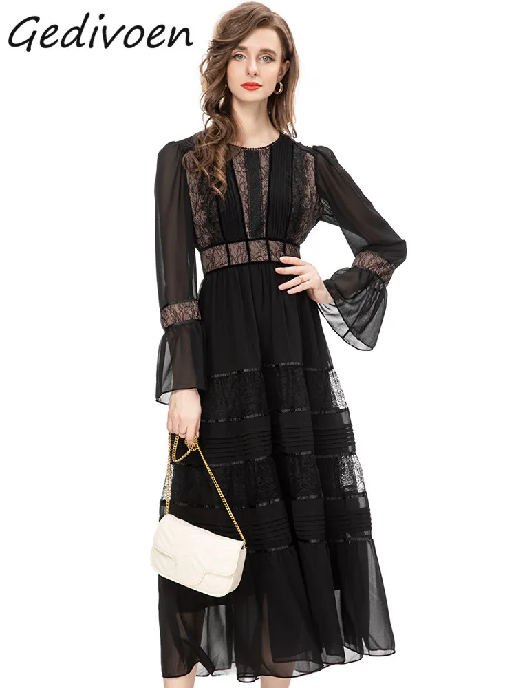 

Gedivoen Autumn Fashion Designer Black Vintage Spliced Dress Women's Flare Sleeve Lace Ruched High Waist Slim A-LINE Long Dress