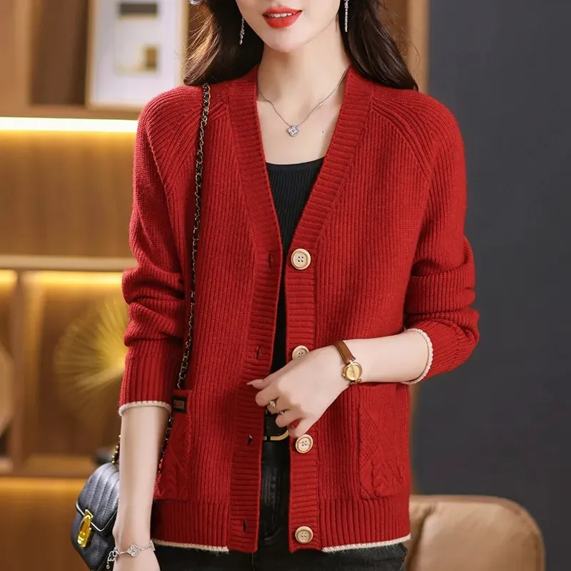 

Autumn Winter New Fashion V-Neck Knitted Cardigan Women Short Long Sleeve Sweater Coat Loose Knitwear Jacket Ladies Tops G3073